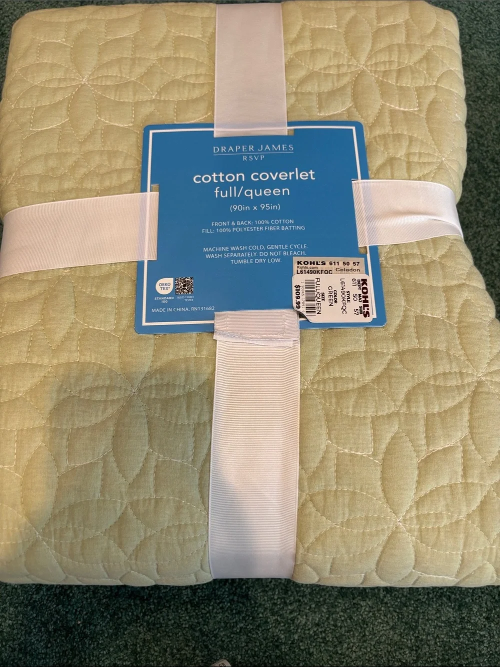 Draper James Cotton Coverlet Light Green Full Queen Brand New